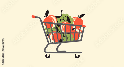 Shopping cart full of fresh fruits like apples and grapes, representing healthy food and grocery shopping.