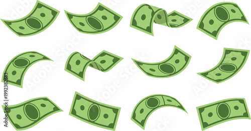 Twelve green paper money bills in various flying and falling positions cash currency dollar banknote