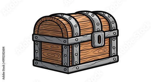 A classic wooden treasure chest with weathered iron reinforcements and a prominent keyhole sits isolated on a clean white background with bold outlines.