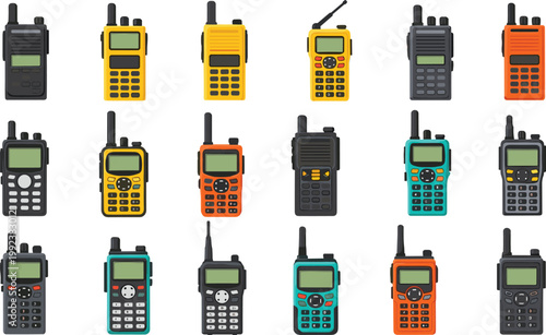 Walkie talkie radio set with different handheld communication devices, portable two way radios collection for emergency, security and outdoor use vector illustration bundle