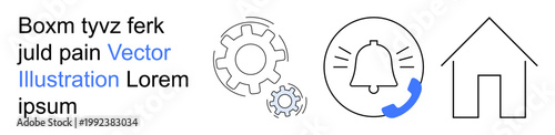 Business settings, notification alerts, system configuration, app usability, phone communication, home automation. Gears, bell with phone and house shape. Business settings and notification alerts