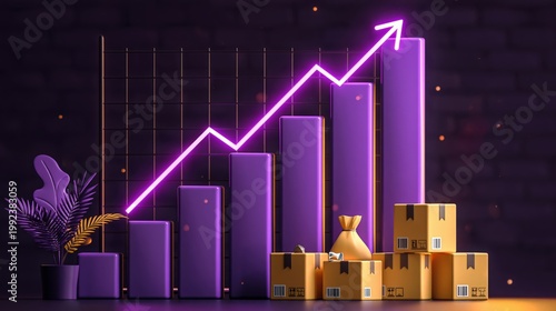 Neon purple bar chart with upward arrow and shipping boxes on dark background, symbolizing ecommerce growth, sales success and business profit concept