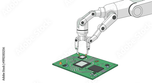 A high-precision white robotic claw carefully places a small microchip onto a green printed circuit board against a clean and bright white background.