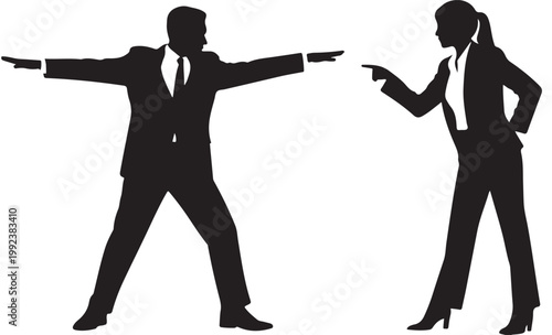 Business Conflict Silhouette Man and Woman Pointing in Workplace Disagreement
