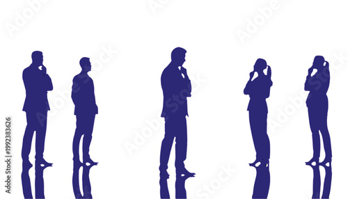 Professionals stand in a row while contemplating business strategies for their upcoming company project.