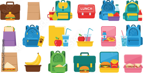 School lunch and backpack items vector set with food boxes, drinks, sandwiches, fruits and bags, colorful kids meal collection isolated flat illustration bundle