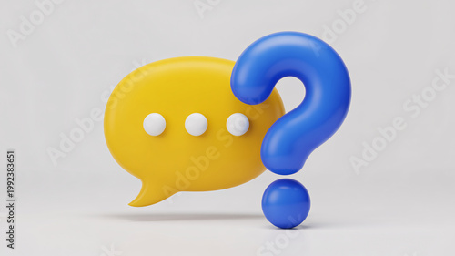 A 3D illustration of a yellow speech bubble with a blue question mark on a white background