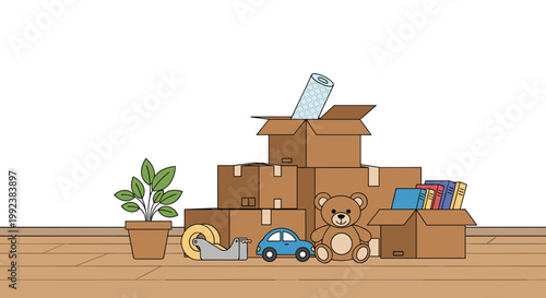 A collection of brown cardboard boxes is stacked on a wooden floor alongside a teddy bear, toy car, and potted plant against a plain white wall.