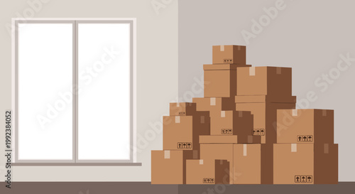 A massive stack of brown cardboard boxes reaches toward the ceiling in the corner of a minimalist room next to a large white-framed window.