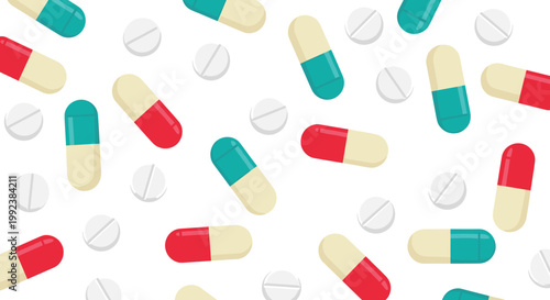 A vibrant and scattered pattern of red, blue, and yellow capsules alongside white round tablets fills the frame against a clean white background.