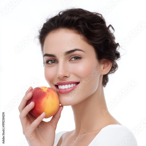 Beautiful young woman eating peach isolated on white background