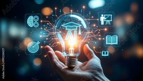 Businessman holding AI light bulb with graduation cap icon, representing artificial intelligence in education, smart learning systems, online courses, digital transformation and e-learning technology.