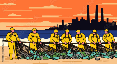 Fishermen in yellow suits pulling a net full of plastic bottles and trash from the ocean onto a beach with factories in the background.