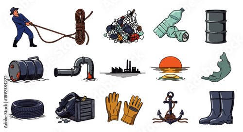 Environmental pollution and industrial waste icons set, representing pollution, garbage, and industrial impact on nature