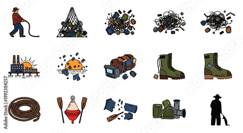 Collection of cartoon icons representing waste, recycling, and outdoor activities such as fishing and hiking
