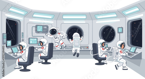 Five professional astronauts in pristine white suits perform various tasks while floating within a high-tech space station control room with glowing screens.