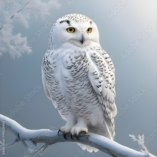 Snowy Owl Perched on Frosted Branch