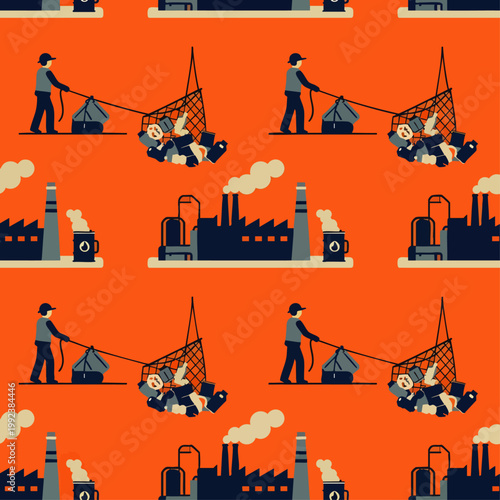 Seamless pattern illustrating industrial labor exploitation, workers caught in a net by a supervisor, symbolizing corporate control and modern workforce challenges.