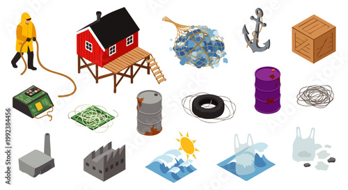 Isometric icons illustrating environmental pollution, industrial waste, microplastics, climate change, and ecological damage, representing pressing global issues.
