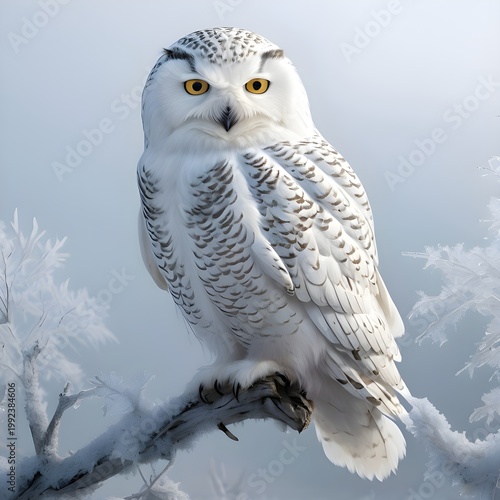 Snowy Owl Perched on Frosted Branch