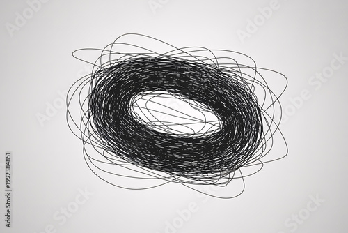 A complex black scribble forming a circular shape on a plain white background