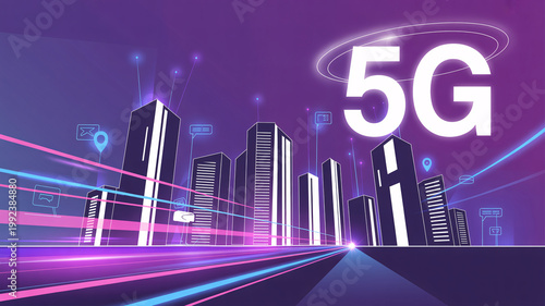 A futuristic cityscape at night with a prominent 5G network symbol in the sky