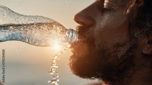 Close up of athletic man drinking water from bottle at sunset, refreshing hydration and healthy lifestyle concept