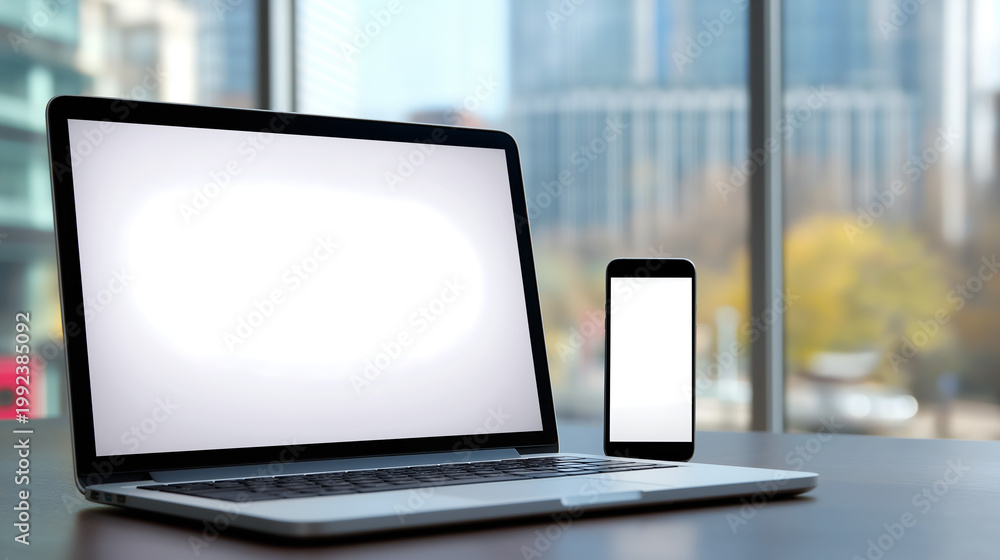 Fototapeta premium Laptop and smartphone with blank screens on a desk in a modern office