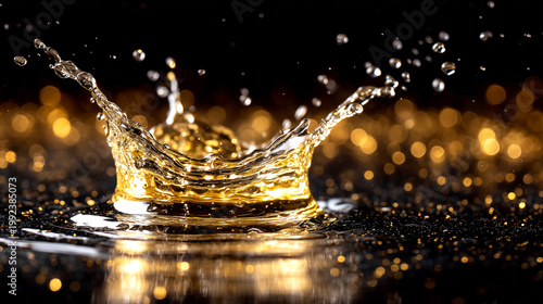 Golden liquid splash captured in stunning detail, perfect for luxury brands and high-end product visuals, creating a sense of elegance and extravagance