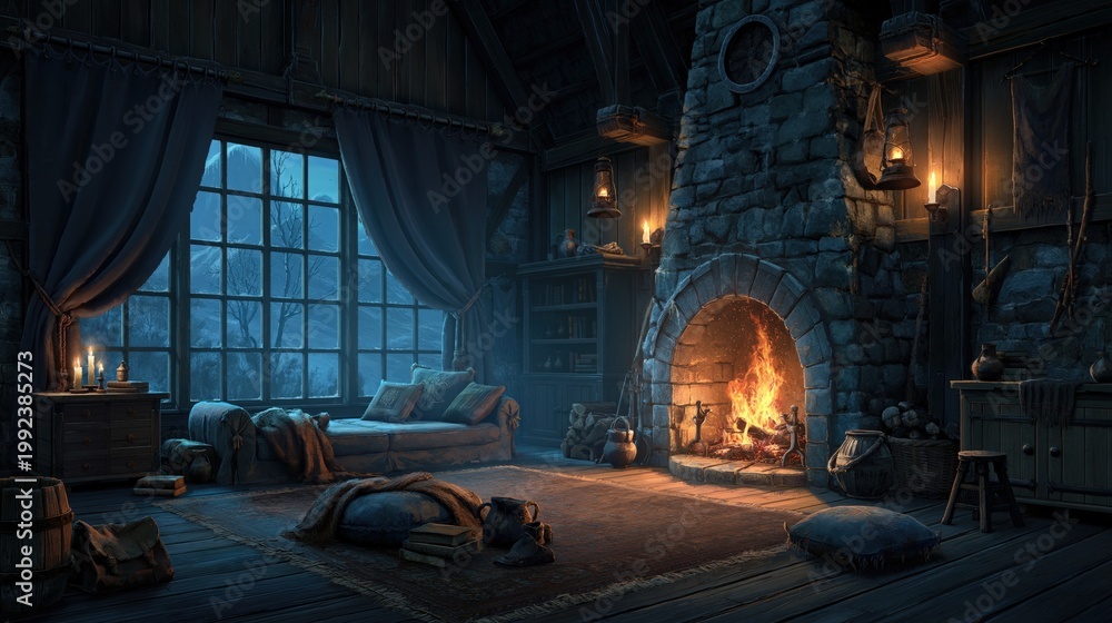 Obraz premium Cozy rustic cabin interior with stone fireplace and sofa at night, warm firelight contrasting with snowy winter forest view through large window