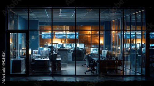 Modern glass walled control room at night with multiple computer monitors and empty desks in a high tech corporate office interior