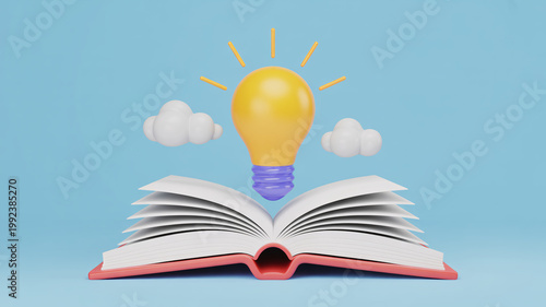 An open book with a lightbulb and clouds above it, symbolizing creativity and inspiration