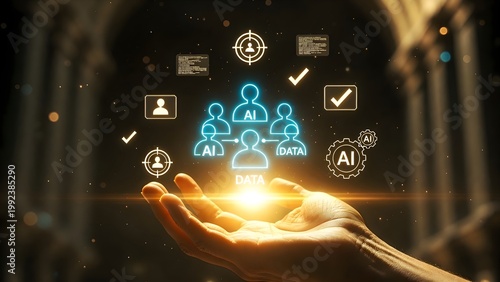 Businessman using AI and data analysis to identify target audience. Concept of customer segmentation, partner profiling, predictive analytics, CRM system, and strategic business intelligence