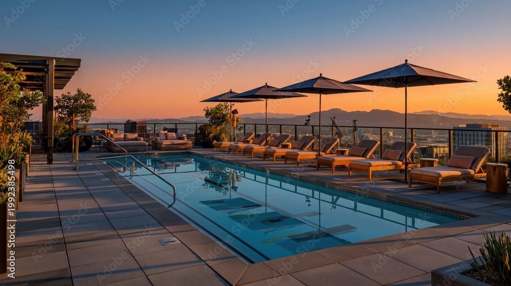 Fototapeta premium Luxury rooftop swimming pool with loungers and umbrellas at sunset overlooking city skyline and mountains, modern outdoor terrace with relaxing atmosphere