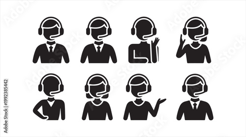 Support and communication symbols set showing headset operators assisting customers