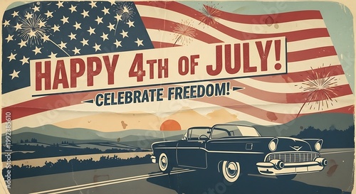 Happy 4th of July Vintage Poster with American Flag Design