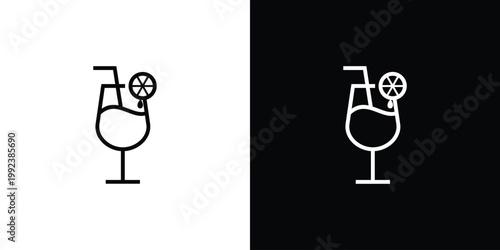 Cocktail glass with lemon slice and straw black and white outline.