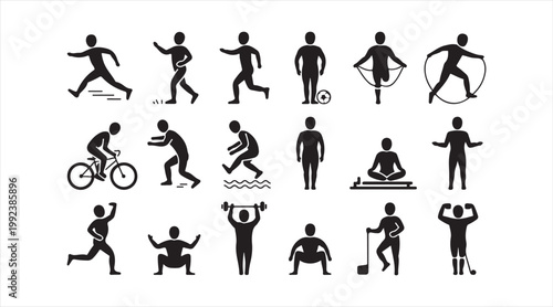 Lifestyle and exercise symbols set showing people performing various activities