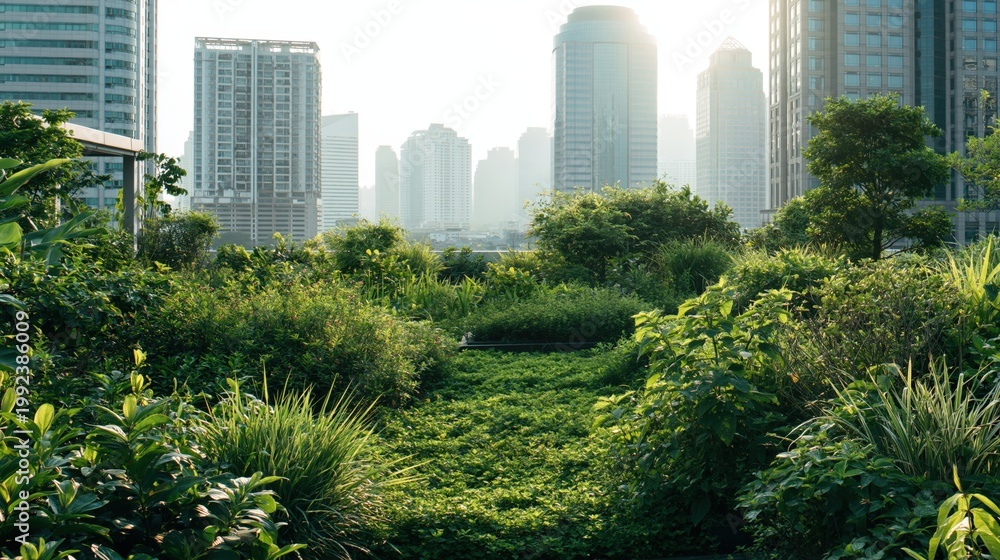 Fototapeta premium Lush green rooftop garden with dense plants and trees overlooking modern city skyscrapers in soft morning light, sustainable urban nature concept