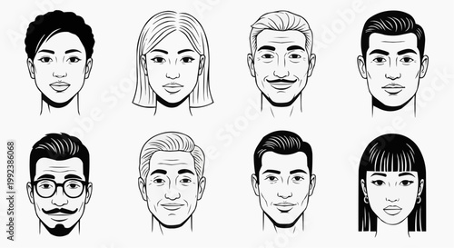 Minimalist Diverse Human Face Avatars Line Art Collection