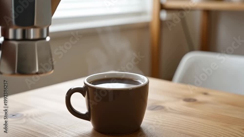 Hot coffee cup on wooden table with steam rising softly  