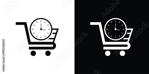 Shopping cart with clock icon representing timesensitive purchases and delivery.
