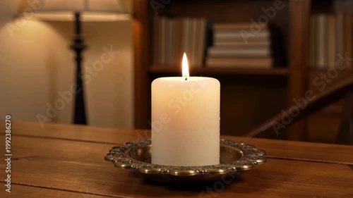White candle burning on silver tray with bookshelf in background  