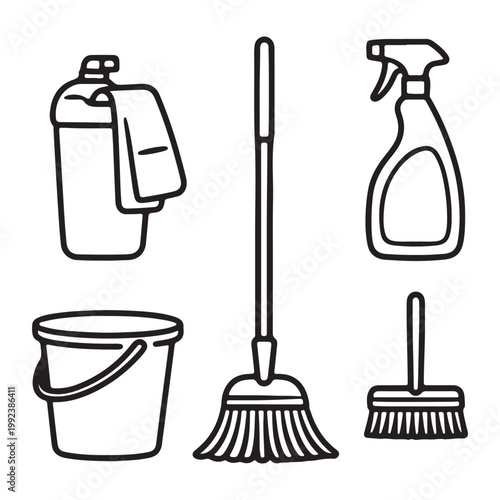 Cleaning Tools Line Icon Set, Bucket Mop Broom and Spray Bottle Outline Vector