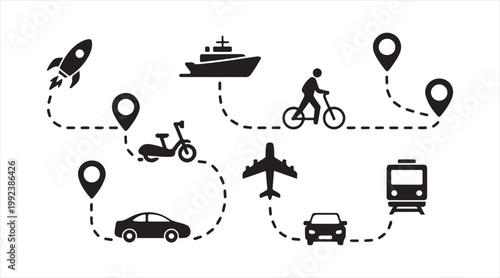 Journey planning illustration showing multiple transport modes and location pins