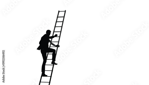 Businessman climbs a tall vertical ladder to reach higher levels of professional success and growth.