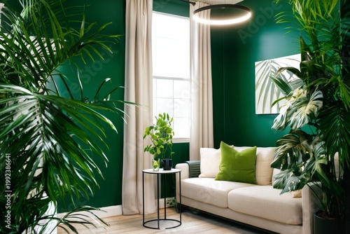Cozy Green Room With Plants and a Sofa in Bright Indoor Space