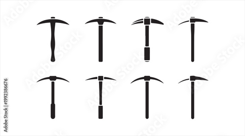 Black pickaxe icon collection with mining and digging tools in minimal flat style