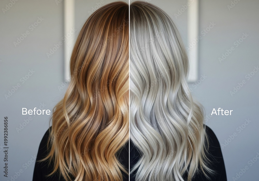 Fototapeta premium Split image showing a woman's hair before and after a blonde hair transformation