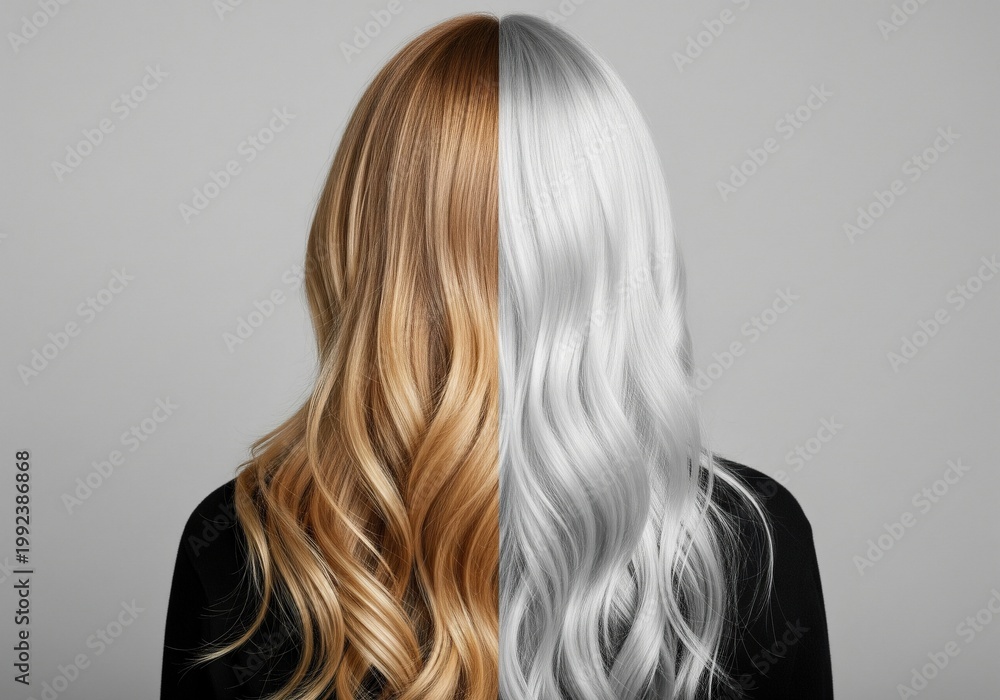 Naklejka premium Split image of woman's hair, half blonde, half silver, showing hair transformation
